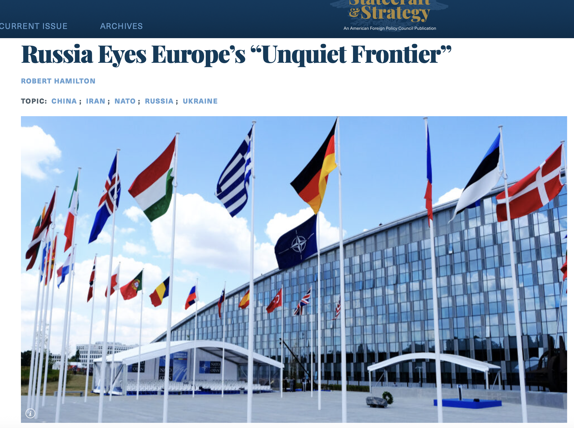 Robert Hamilton for Statecraft and Strategy: "Russia Eyes Europe’s 'Unquiet Frontier'".  - News and press content